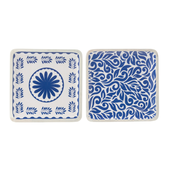 J-Line Plat Carre Motif Floral Bois De Manguier Bleu/Blanc Assortiment De 2