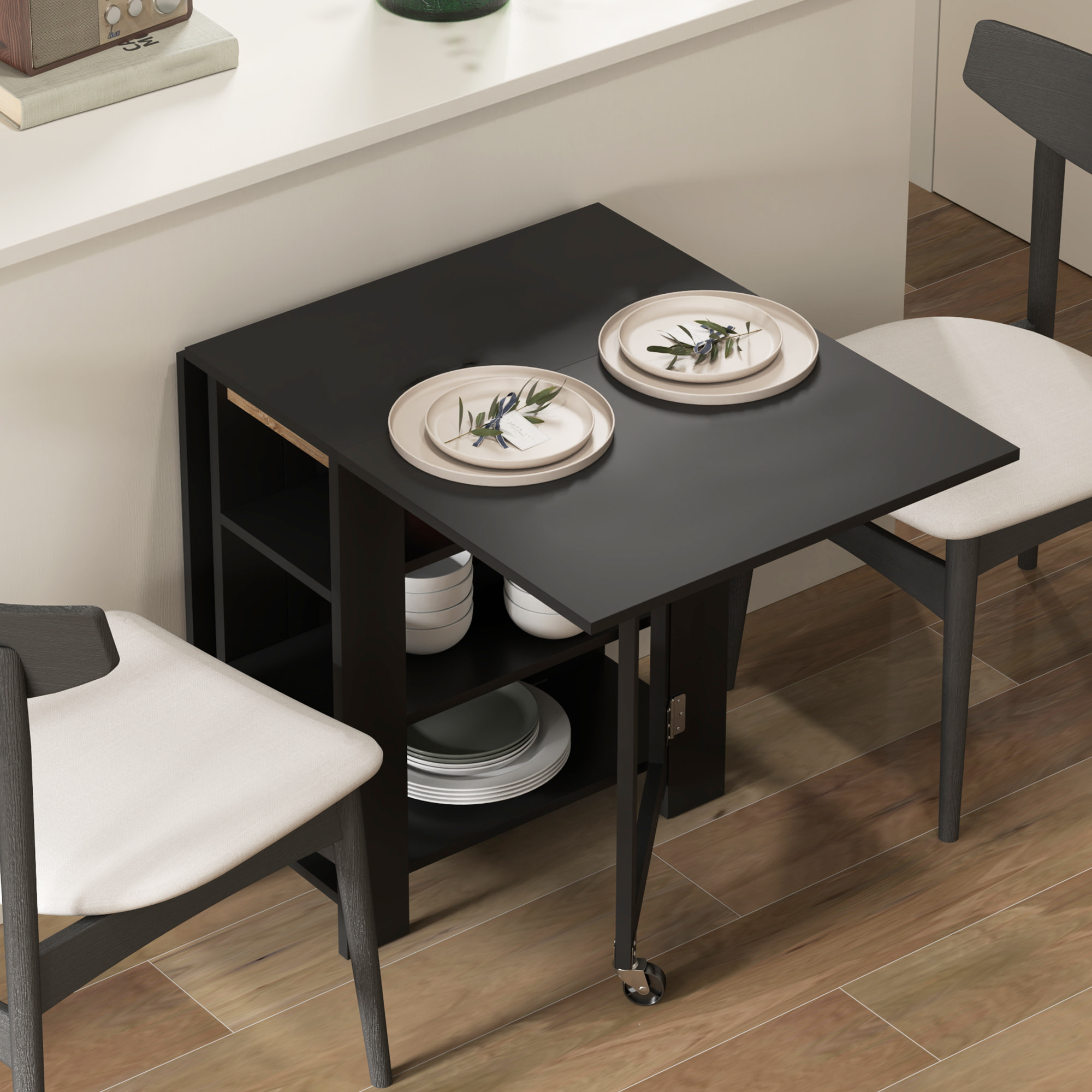 Table à manger pliable - roulettes, 2 abattants, 3 étagères - dim. 120L x 60l x 75H cm - noir