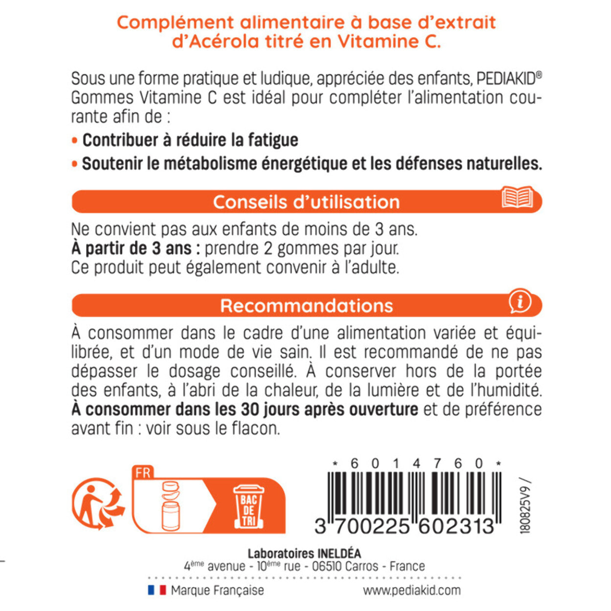PEDIAKID - Gommes Vitamine C - Formule Naturelle au Délicieux Arôme de Cerise - Contribue à Réduire la Fatigue - Soutient le Métabolisme Énergétique et les Défenses de l'Organisme - Lot de 3 piluliers