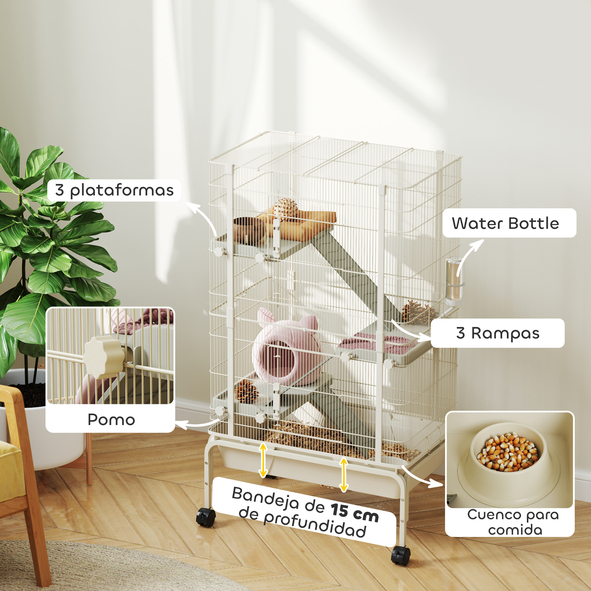 Jaula para Animales Pequeños de 4 Niveles Jaula para Roedores con Ruedas Rampas Cuenco Botella de Agua y Bandeja Extraíble Recinto para Conejos Chinchillas Hurones Cobayo 69x44x120 cm Beige