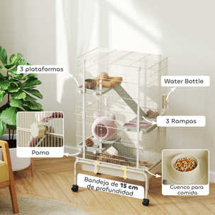 Jaula para Animales Pequeños de 4 Niveles Jaula para Roedores con Ruedas Rampas Cuenco Botella de Agua y Bandeja Extraíble Recinto para Conejos Chinchillas Hurones Cobayo 69x44x120 cm Beige