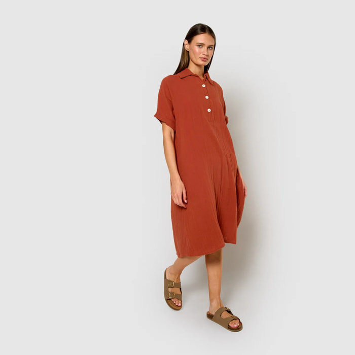 Vestido midi manga fluida muselina caldera