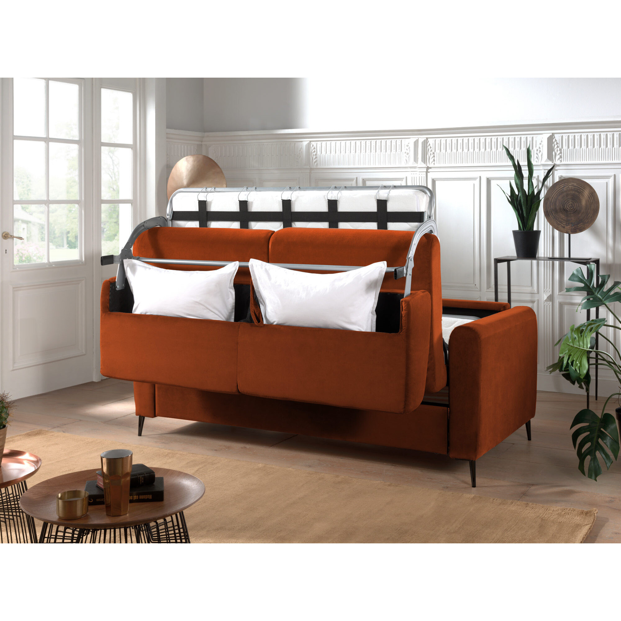 Owen - canapé lit 3 places convertible express couchage quotidien 140 cm matelas 12 cm en velours - Rouille