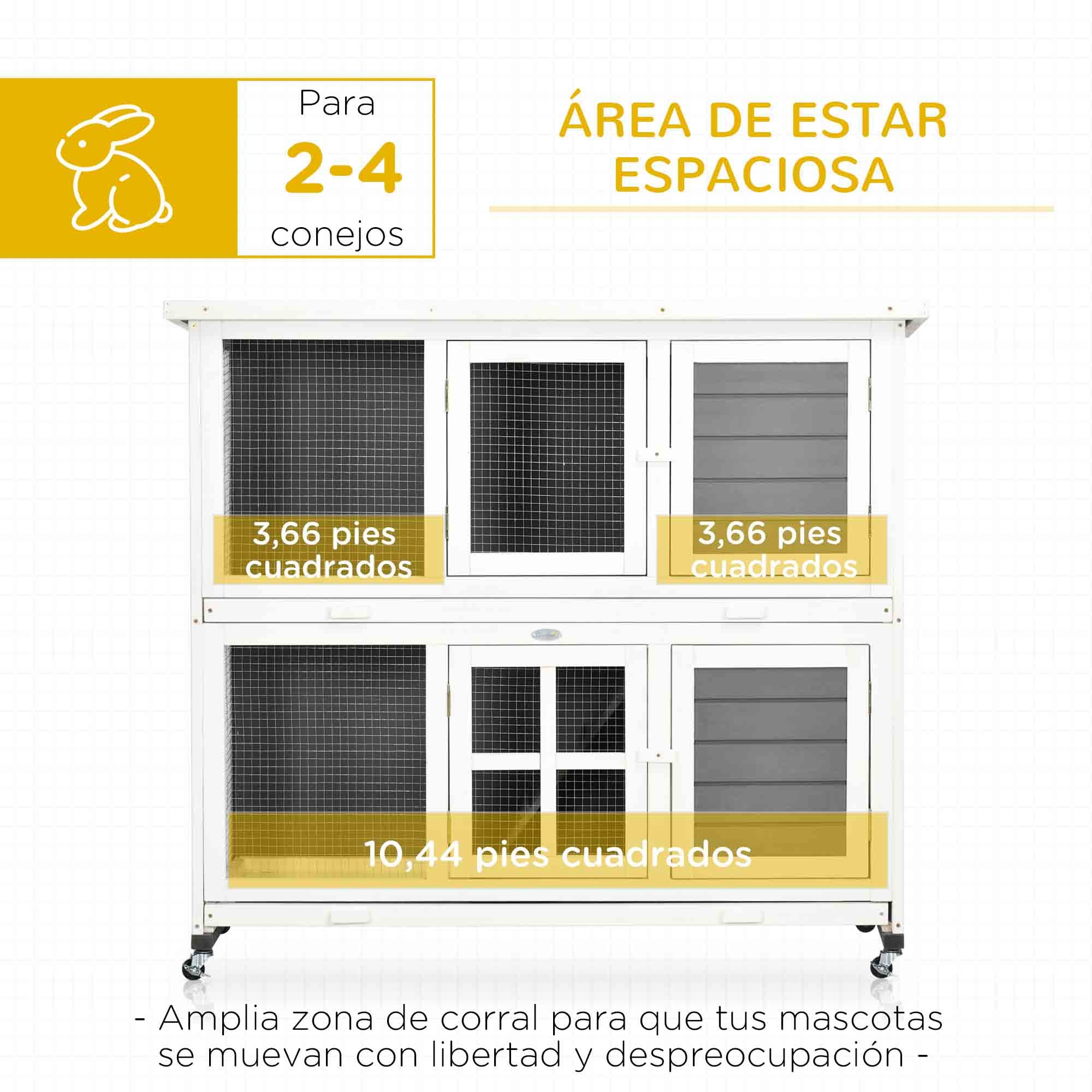 Conejera de Madera de 2 Niveles Jaula para Conejos con Ruedas 2 Puertas Techo Abatible y 2 Bandejas Extraíbles Conejera para Interior y Exterior 119x50,5x109 cm Blanco y Gris
