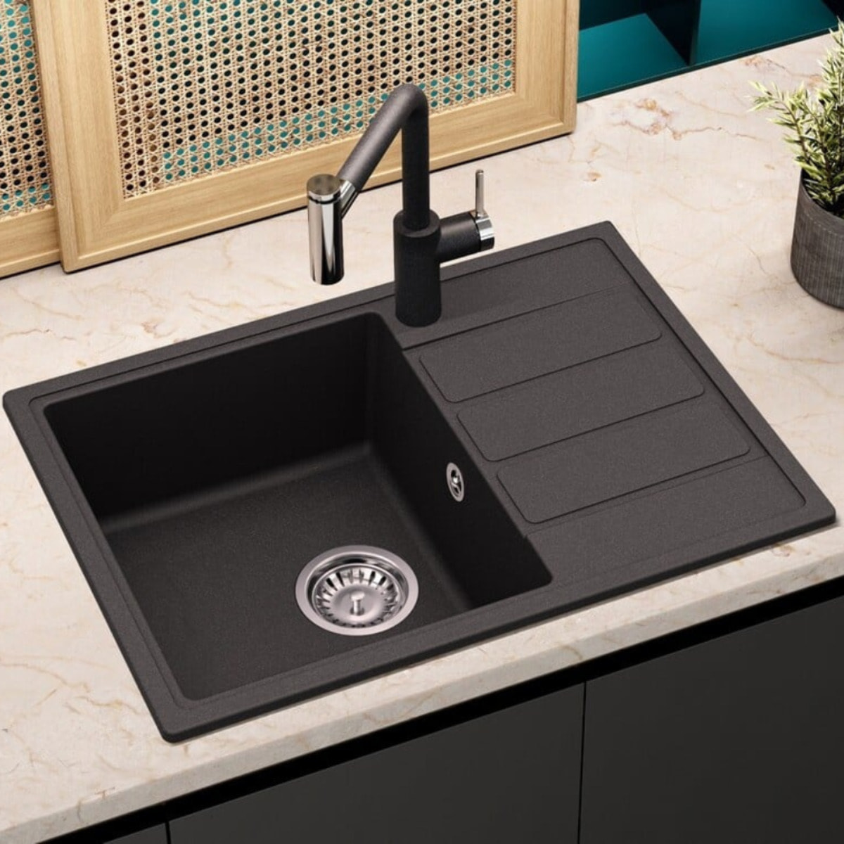 62x44 cm évier avec égouttoir réversible en Granite, à encastrer, noir (SATSINKGE2B)
