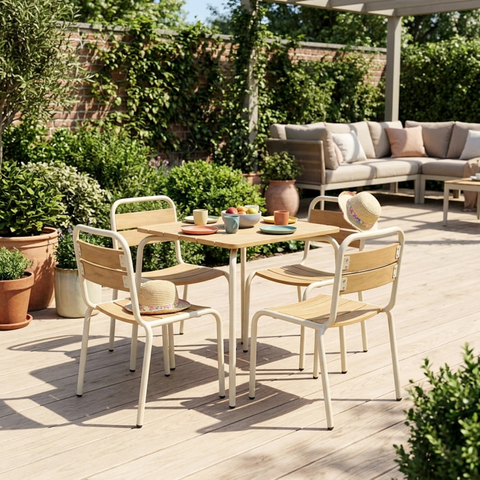 Table de jardin enfant acier et décor bois + 4 assises SUZIE