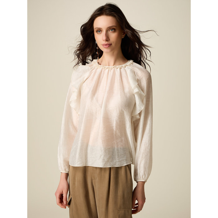 Oltre - Blusa de voile mezcla lino con volantes - Blanco