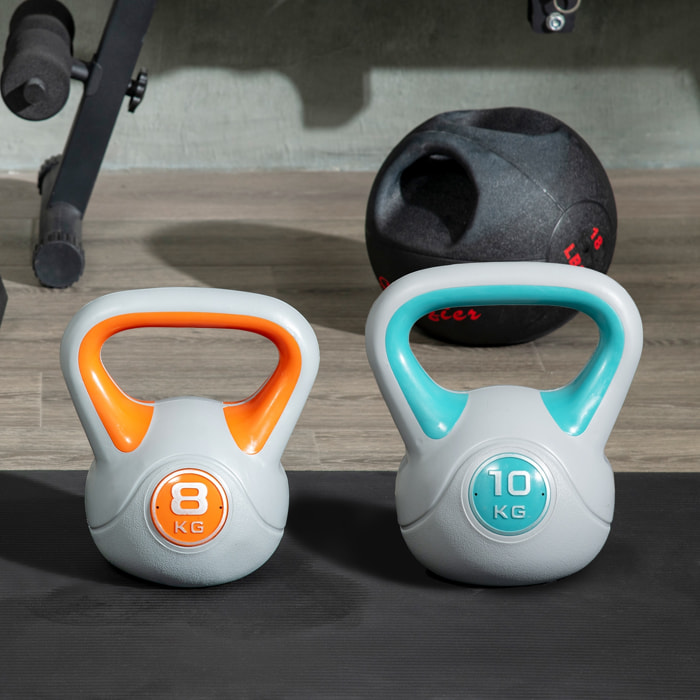 Conjunto de 2 Pesas Rusas de 10 kg 8 kg Kettlebell de Fiteness con Relleno de Arena Mango Ancho para Ejercicios y Entrenamiento en Casa y Gimnasio 22x16x26 cm 20x14x24 cm Azul y Naranja