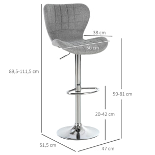 Lot de 2 tabourets de bar design contemporain hauteur d'assise réglable 59-81 cm pivotant 360° lin gris