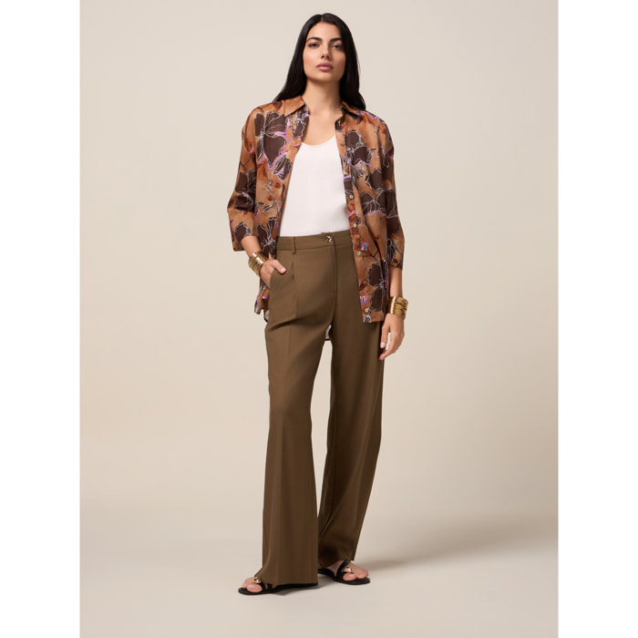 Oltre - Pantaloni palazzo misto lino - Verde militare