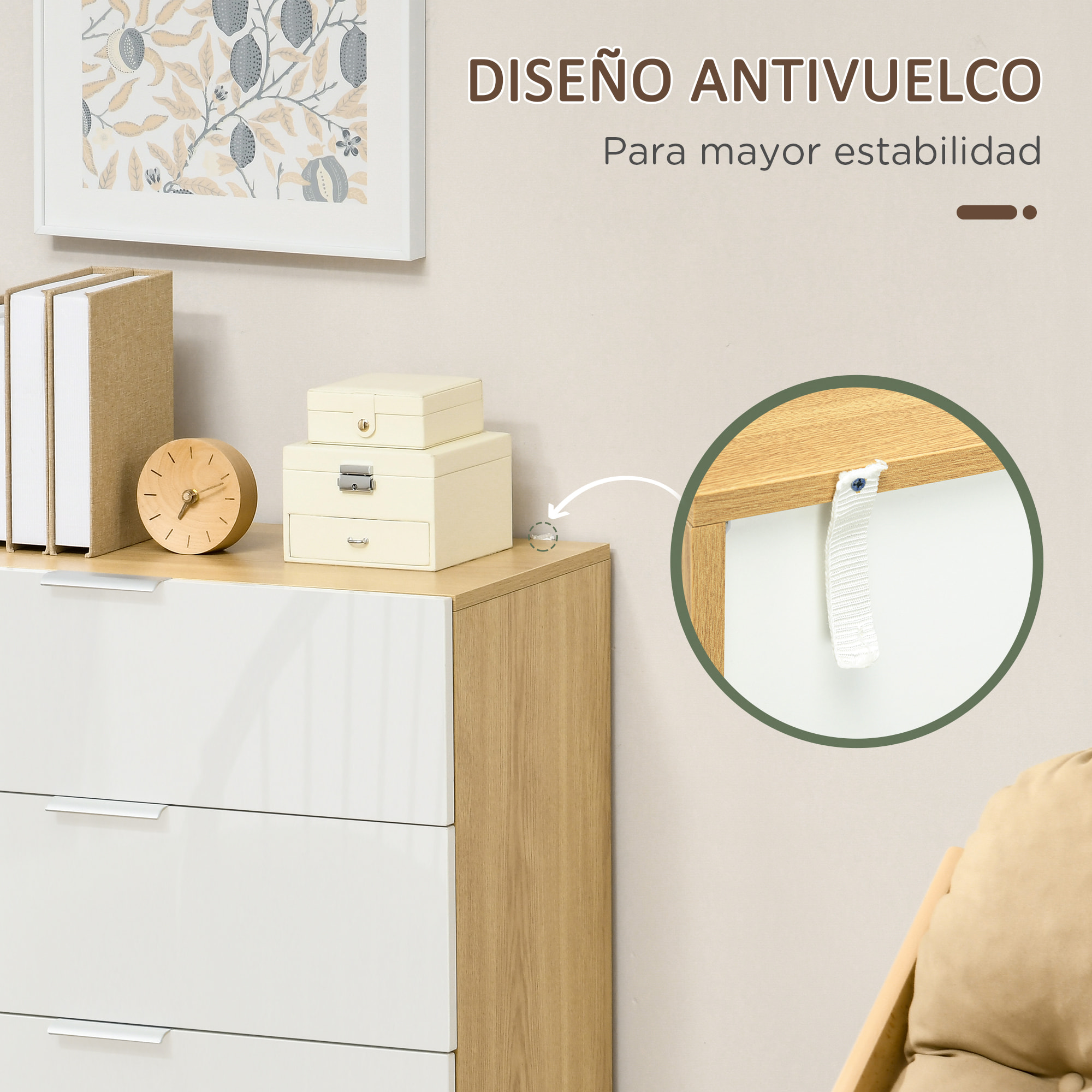 Cómoda con 4 Cajones de Alto Brillo Cajonera de Madera para Dormitorio Salón Oficina Estilo Moderno 70x35x92 cm Blanco y Natural