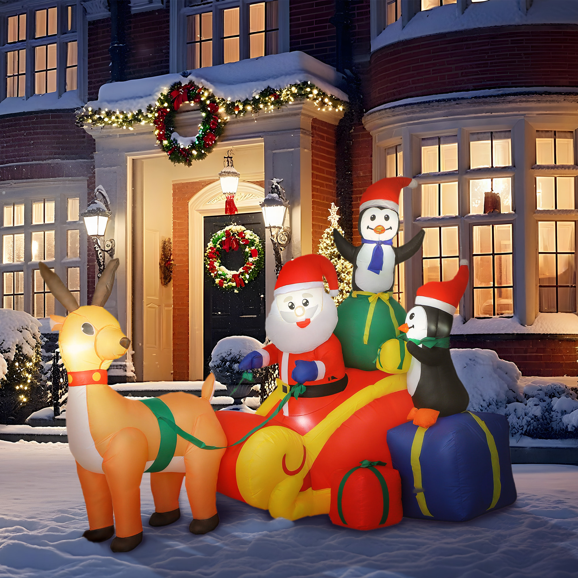 Papá Noel Hinchable con Trineo, Pingüinos y Renos, Inflables de Navidad con Luces LED, Decoración de Navidad para Exterior e Interior, 180x120x155 cm