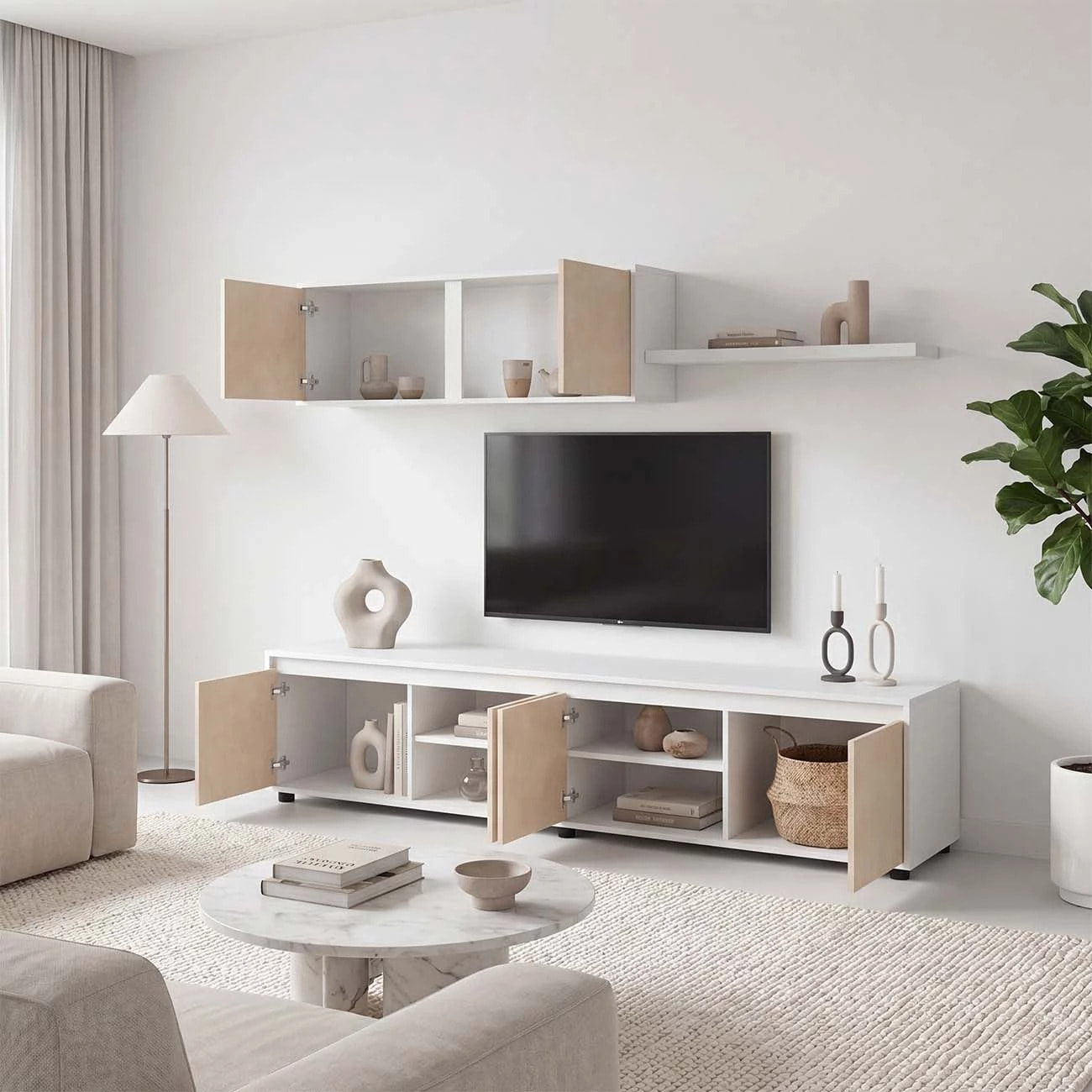Salón con mueble de TV y estantería en blanco artik y efecto microcemento beige 200 cm Arlet Blanco Artik (Blanco Mate) - Microcemento Beige