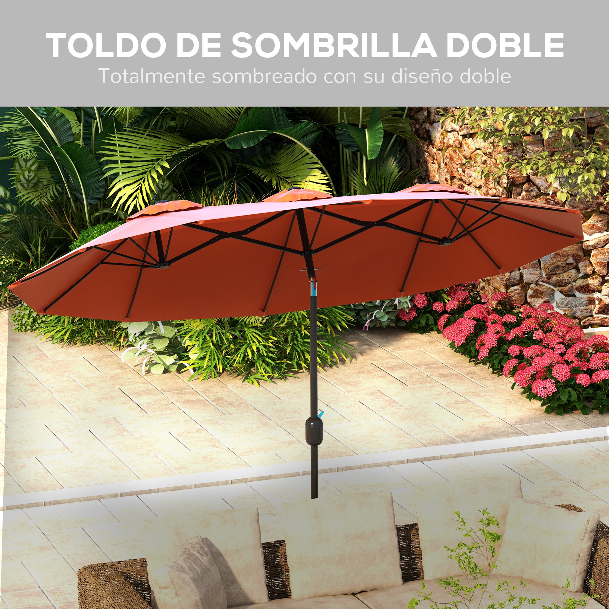Sombrilla Doble 2,95x1,52 m, Sombrilla Terraza Exterior con Inclinación 45°, Manivela Manual, Orificios de Ventilación, Impermeable, Parasol para Jardín, Terraza, Patio y Piscina, Rojo Vino
