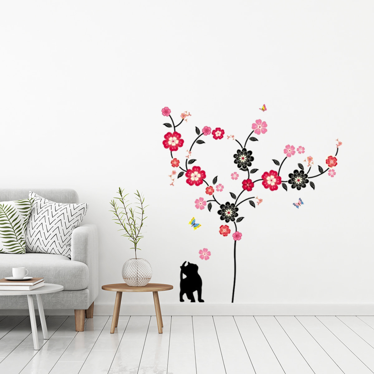 Stickers Muraux décoration adhésifs arbre en fleur, chat et papillons