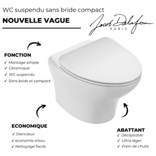 Pack WC suspendu sans bride compact Nouvelle vague+ bâti-support + plaque Or Beige + accessoires