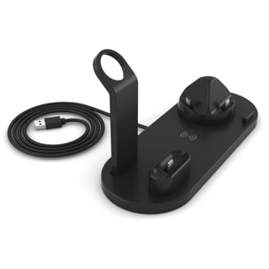 Base de carga 4 en 1 con carga inalámbrica QI, soporte giratorio con conexión lightning, micro USB y USB-C. Stand para Apple Watch y soporte con carga para Airpods.