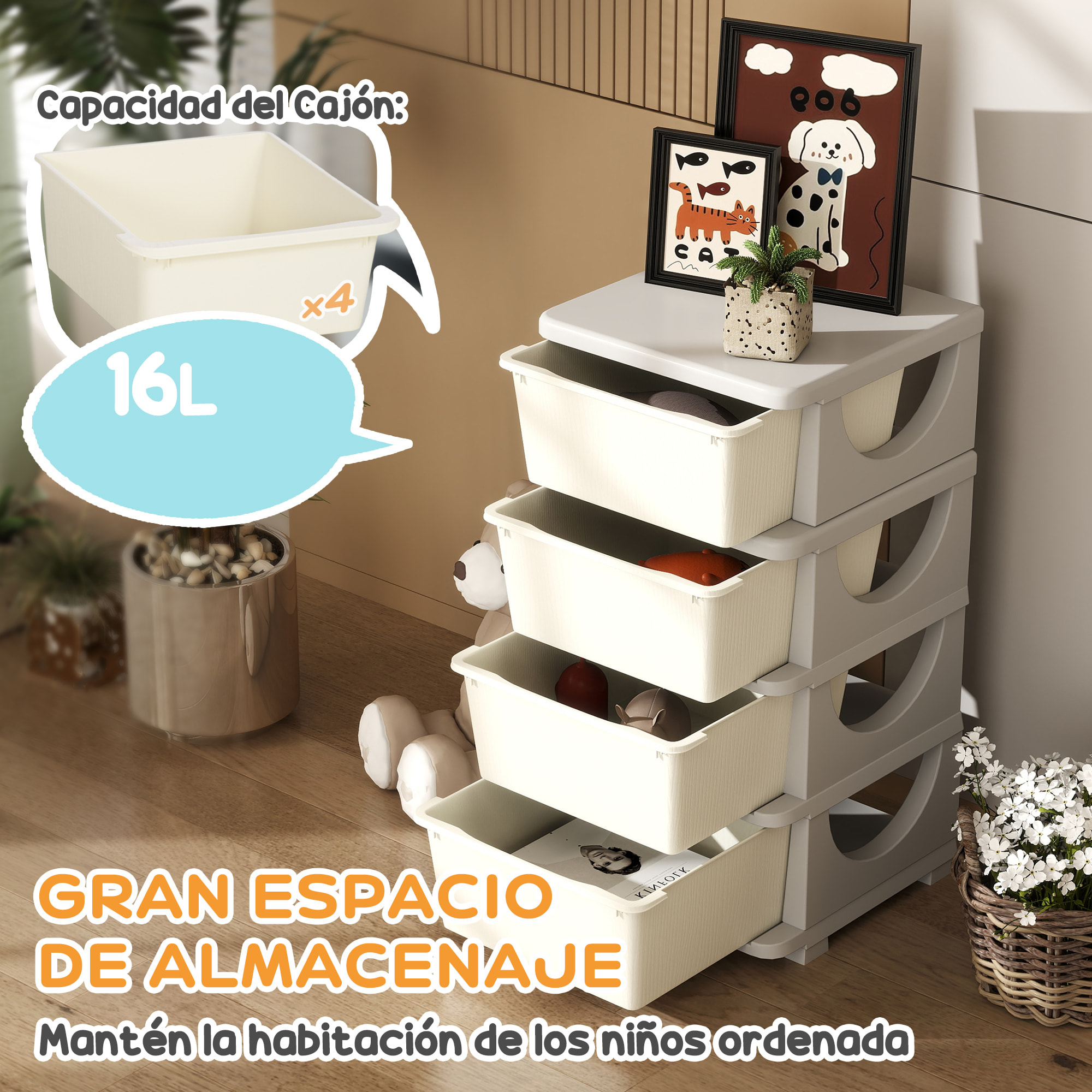 Torre de Almacenamiento Infantil con 4 Cajones, Organizador de Juguetes para Niños de +3 Años, con Bordes Redondeados y Asas, para Guardería, Sala de Juegos, Dormitorio, 37x37x76 cm, Crema