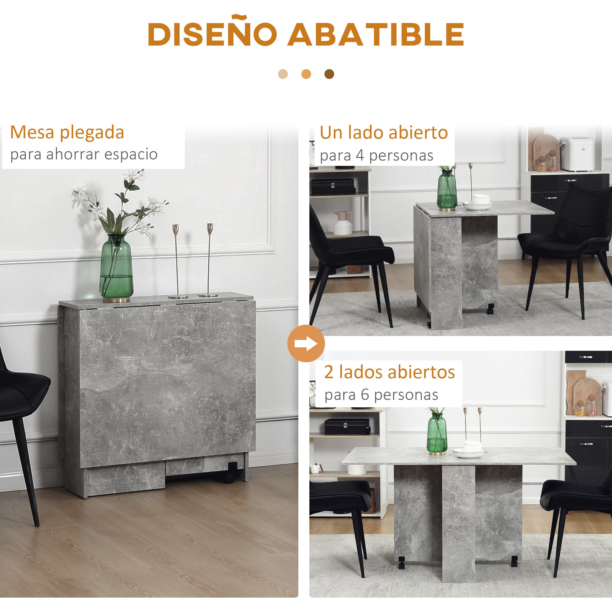 Mesa Plegable de Comedor Mesa de Cocina Plegable con Ruedas Alas Abatibles y Estantes Mesa Plegable para 4-6 Personas 75x140x74 cm Gris Cemento