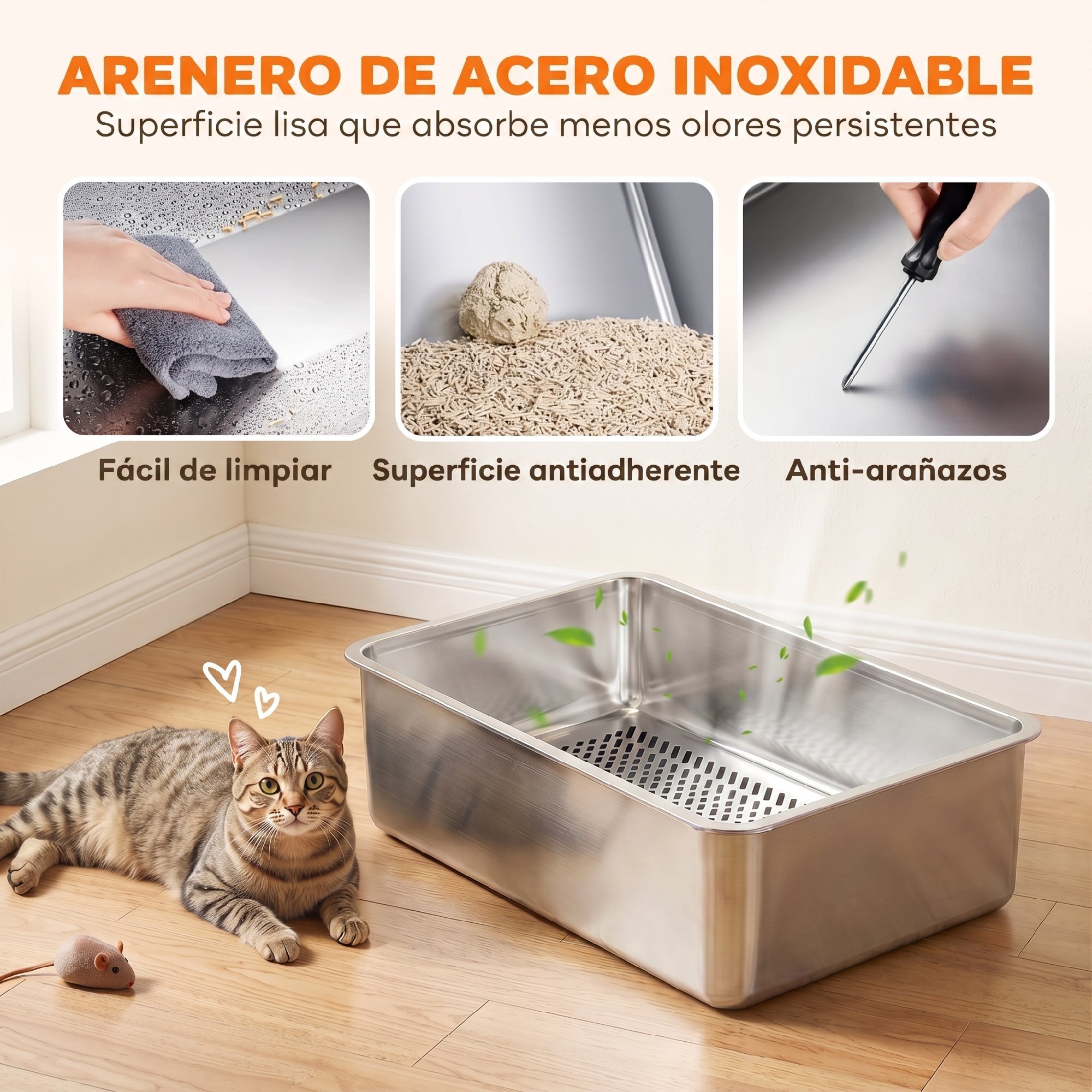 Arenero para Gatos de Acero Inoxidable L con Bandeja de Tamizado, Caja de Arena, Borde Alto, Pala, 10 Empapadores, Pellets de Pino +6 mm, Fácil de Limpiar, Antifugas, Antiadherente, Gris Oscuro