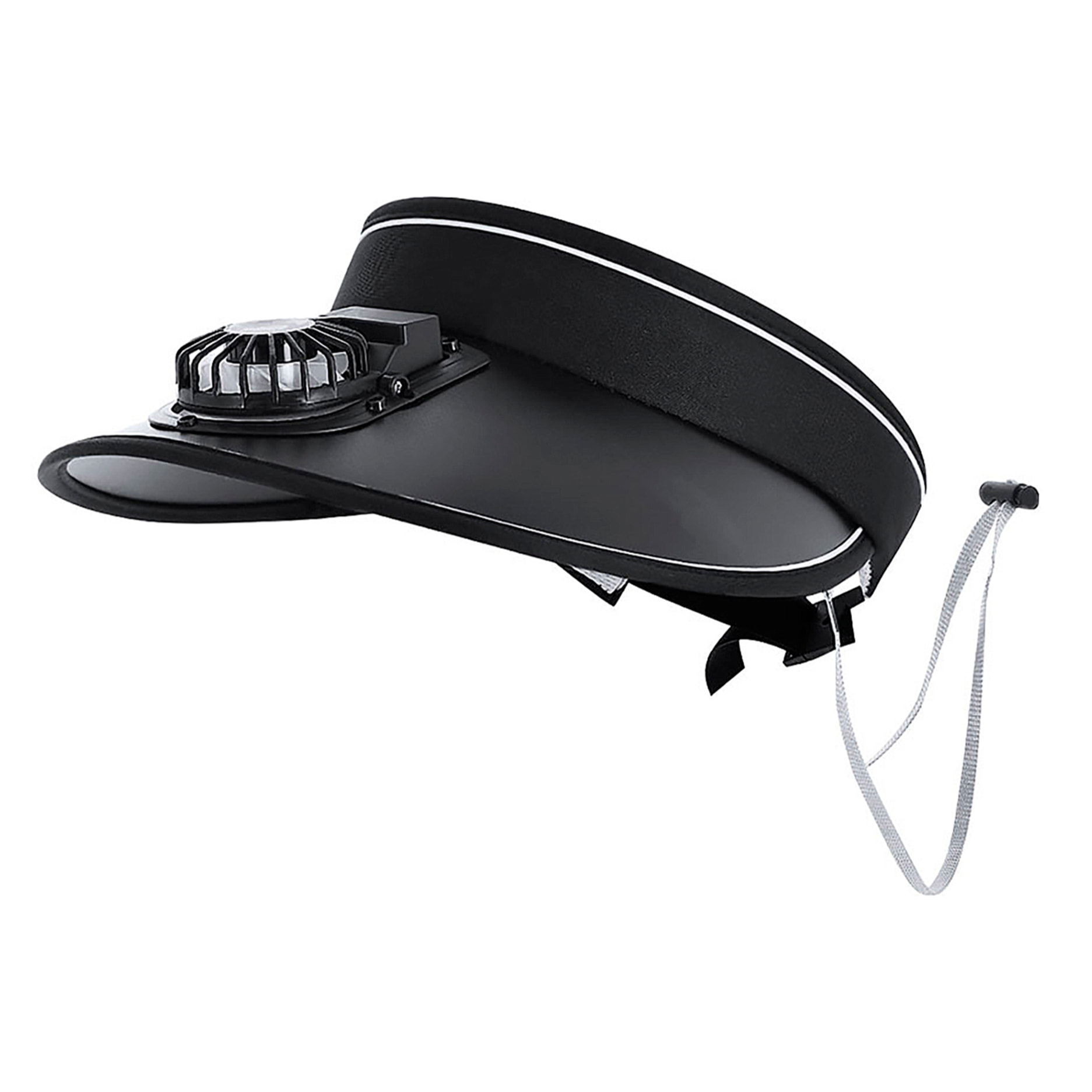 Visera con ventilador orientable de 3 velocidades y protección solar UPF50+. Incorpora batería recargable de 150 mAh, ajuste acolchado y elástico.