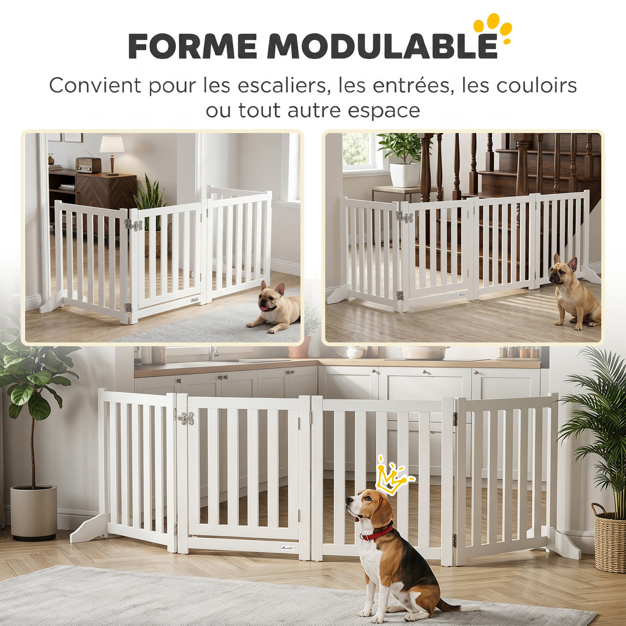 Barrière de sécurité chien pliable modulable autoportante avec porte max. 205 x 60 cm MDF blanc