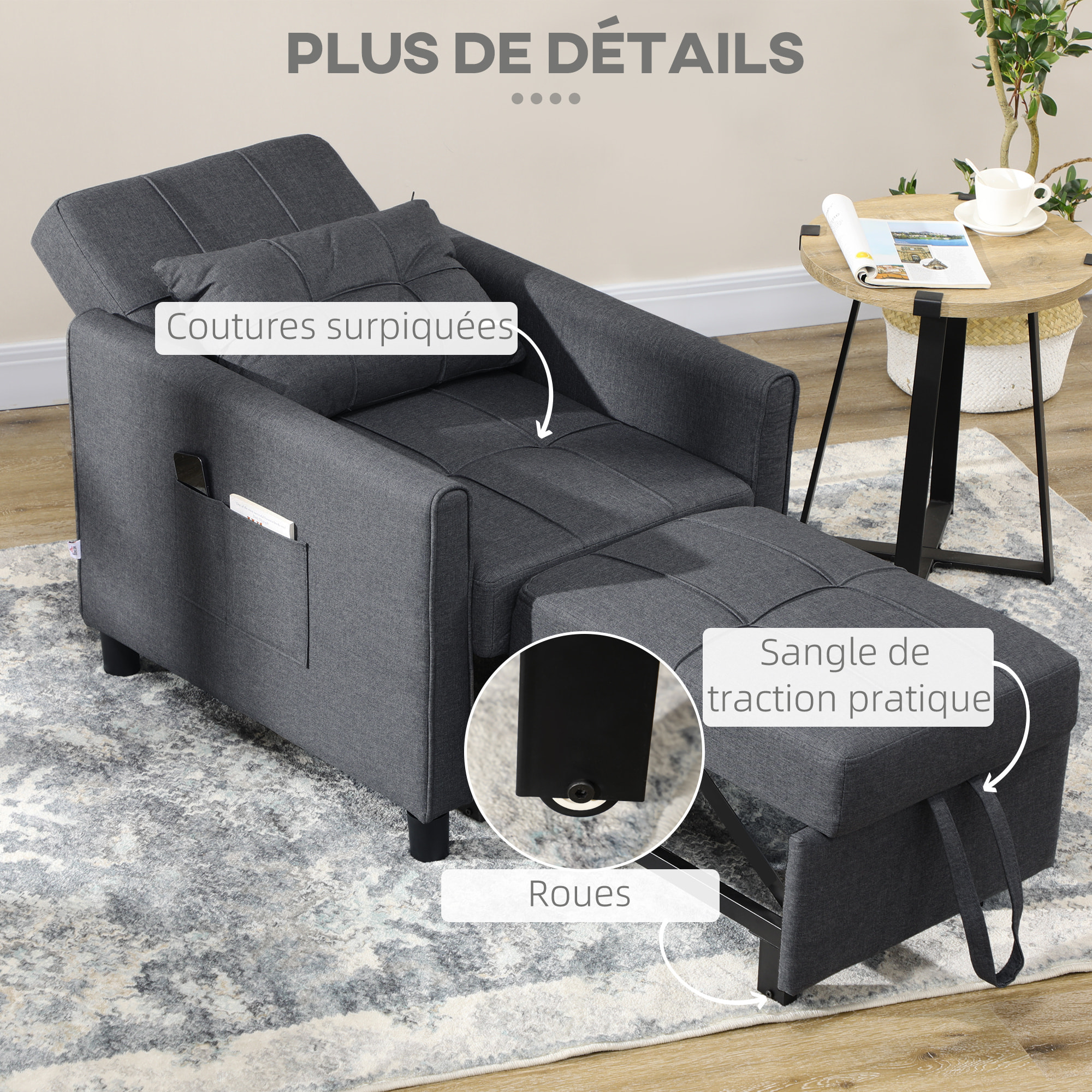 Fauteuil convertible 3 en 1 chaise longue lit dossier inclinable 3 positions coussin gris