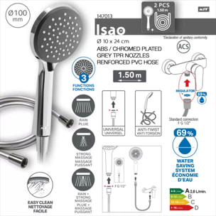 Pommeau de douche MSV Isao Ø 100 mm avec flexible 150 cm – 3 fonctions – Économie d'eau 69 % – Chromé