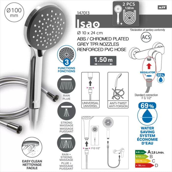 Pommeau de douche MSV Isao Ø 100 mm avec flexible 150 cm – 3 fonctions – Économie d'eau 69 % – Chromé