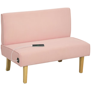 Sofá de 2 Plazas Tapizado en Pana Sofá de Salón sin Brazos con 2 Puertos USB 1 Puerto Tipo-C y Patas de Madera Sofá Pequeño Carga 240 kg 110x60x85 cm Rosa