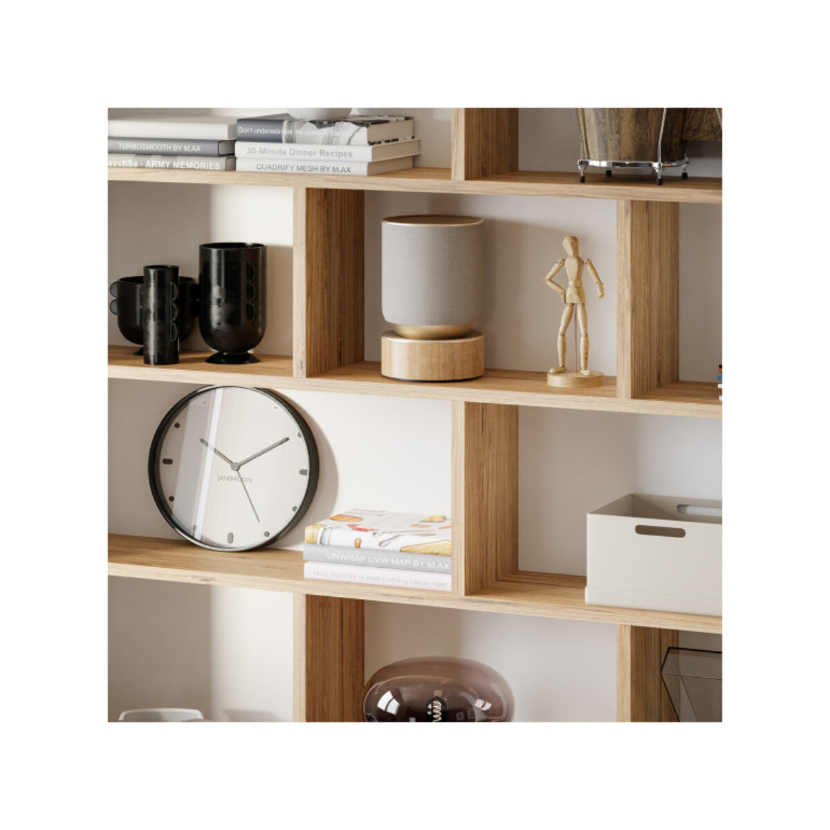 Etagère bureau rabattable 160cm 16 niches décors blanc & chêne - BROOM