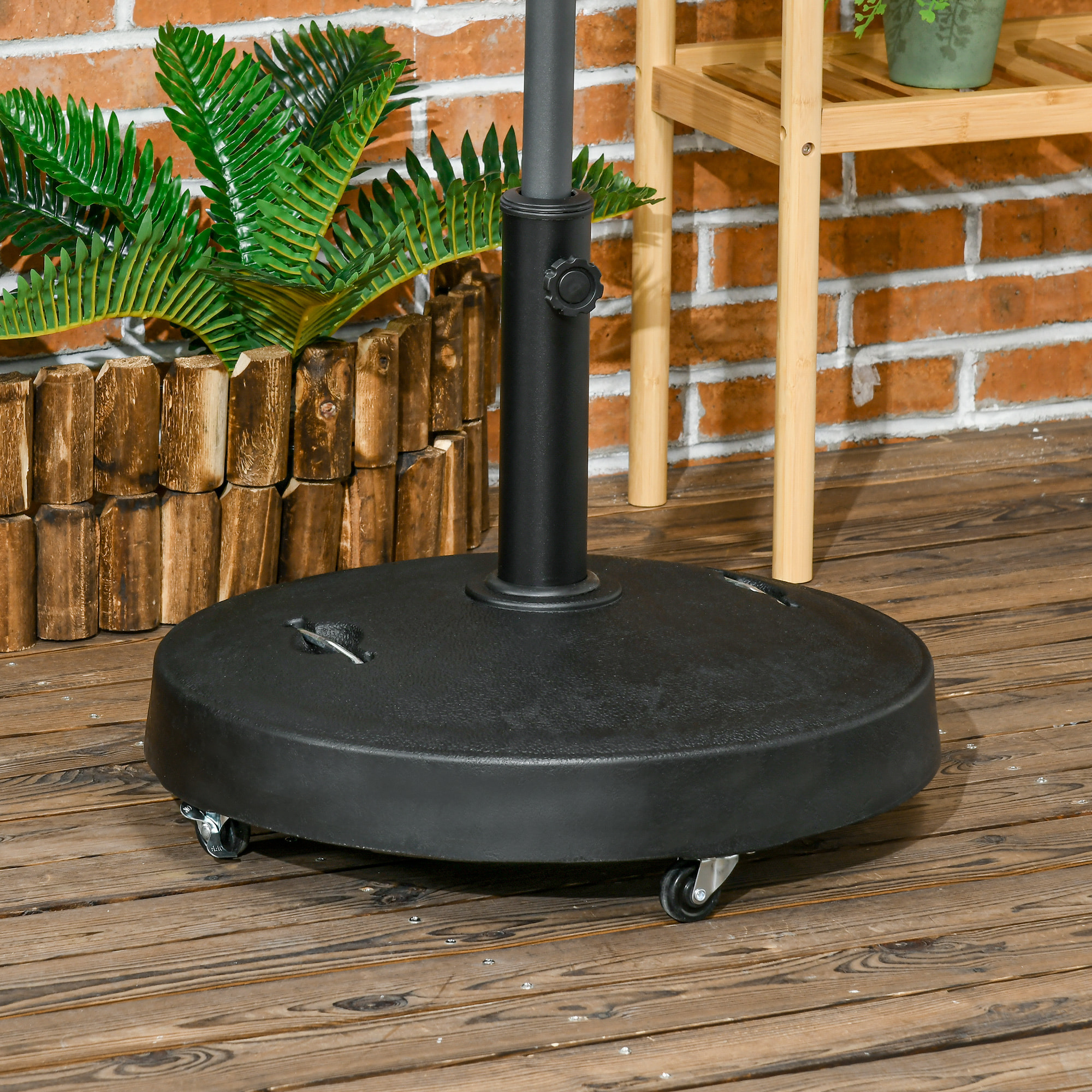 Base de Sombrilla de Jardín de Resina de 25 kg con Ruedas y Asa Retráctil Soporte de Parasol Cuadrado para Postes de Ø38/48 mm para Terraza Patio Ø53x41 cm Negro