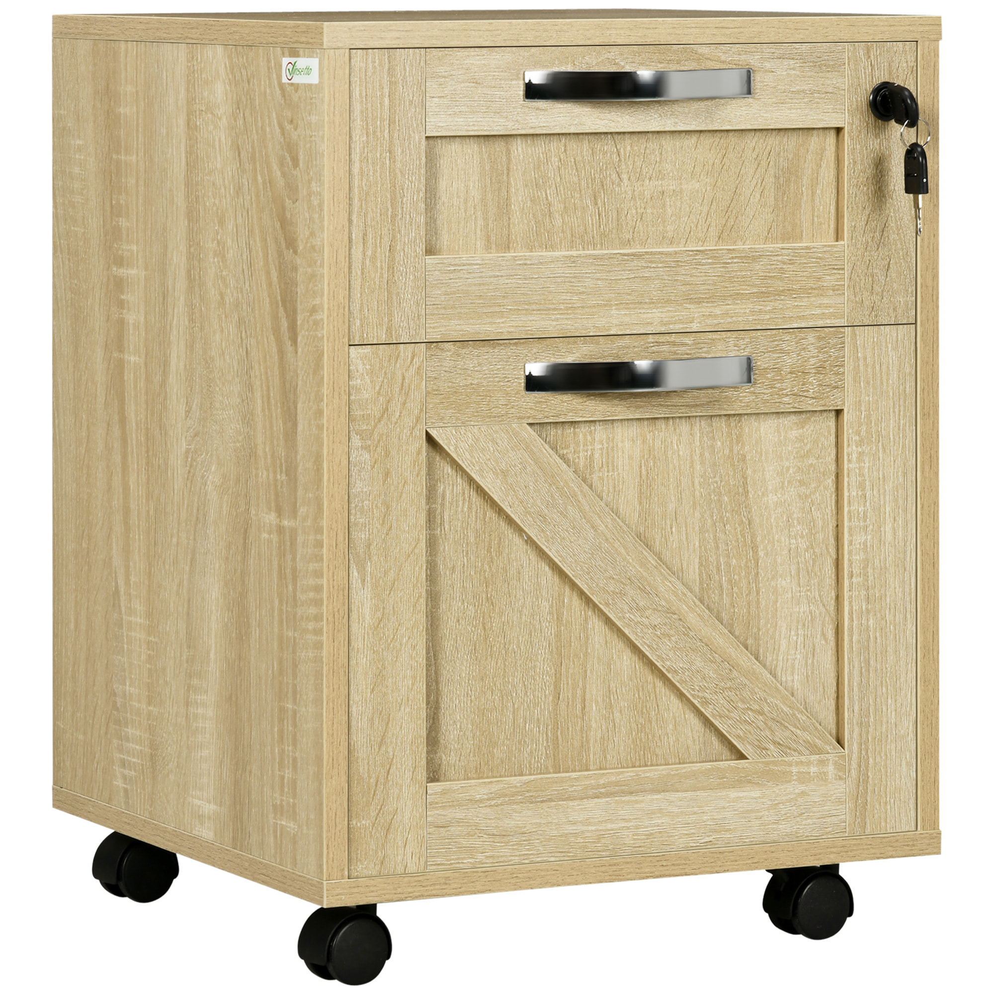 Cajonera de Oficina con 2 Cajones Cajonera con Ruedas Mueble Archivador Móvil con Cerradura y Carpetas Colgantes para Tamaño A4 41x42x56 cm Natural