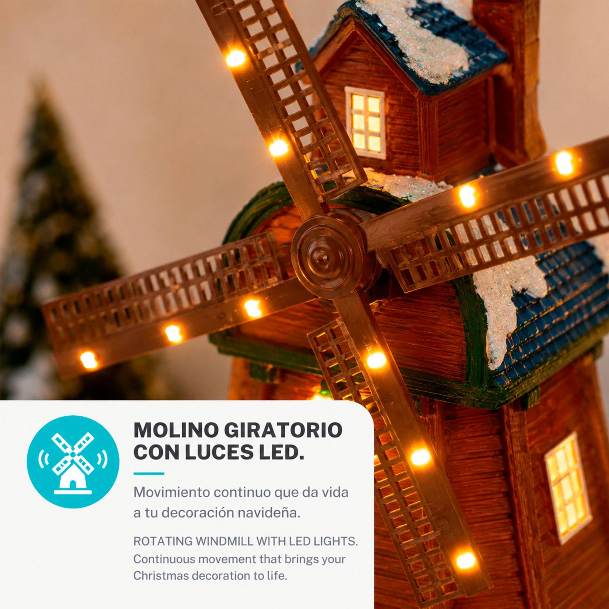 Molino de viento navideño con luces led blanco cálido, movimiento y música, usb o pilas 20x18,5x35,5 cm