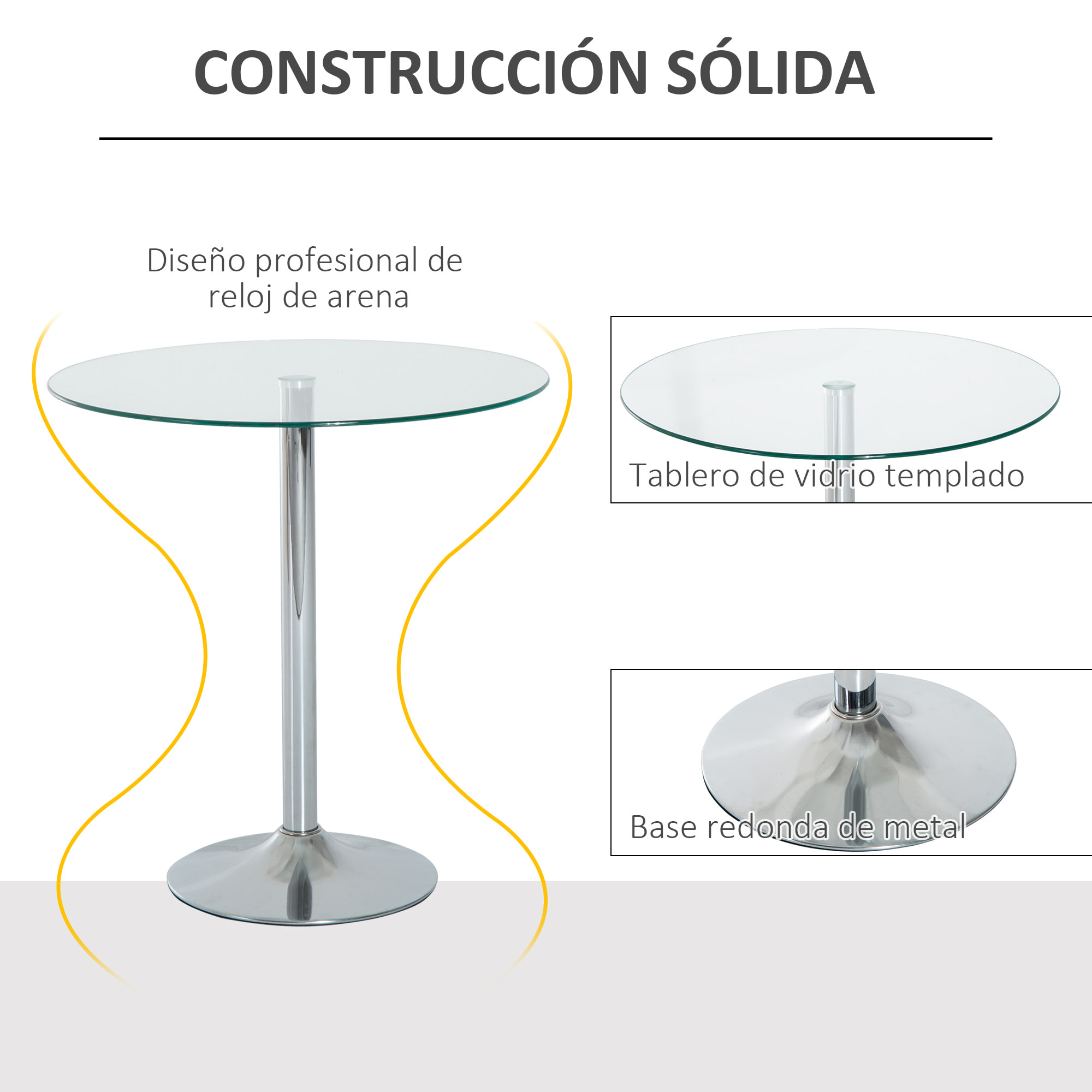 Mesa de Comedor Redonda para 2 Personas, Mesa de Cocina Moderna con Superficie de Vidrio Templado y Base de Acero, para Salón, Comedor, Plateada