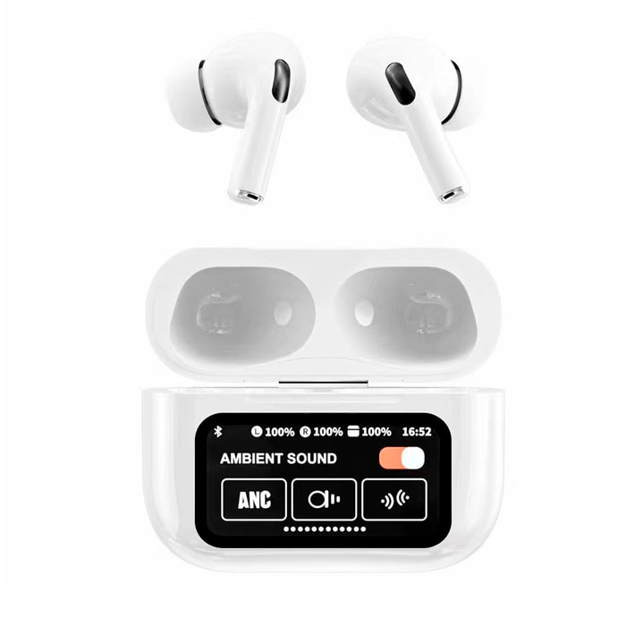 Auriculares TWS A9 PRO, con cancelación de ruido activo ANC y ENC. Base de carga con pantalla LED.