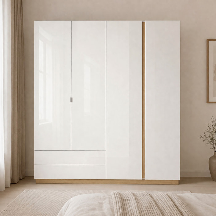 Armadio 4 Ante Con Cassetti Ripiani Guardaroba Moderno Multiuso Camera Da Letto Cameretta 2 Cassetti Salvaspazio 220 x 202.4 x 54 Cm Bianco E Rovere