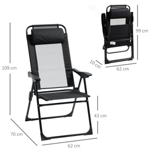 Lot de 2 chaises de jardin camping pliables - dossier inclinable 5 positions - tétière incluse - acier époxy oxford textilène noir