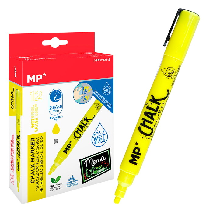 PACK 12 MARCADORES TIZA LÍQUIDA LIMPIEZA EN HÚMEDO AMARILLO