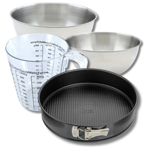 Set pâtisserie avec moule à manqué de 28 cm, 2 bols à mixer, verre mesureur et spatule Zenker