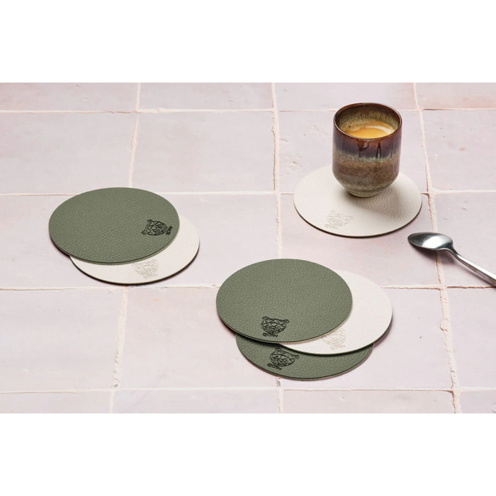 Sous-verre rond réversible - 6 pièces - Cuir recyclé blanc crème et vert de gris