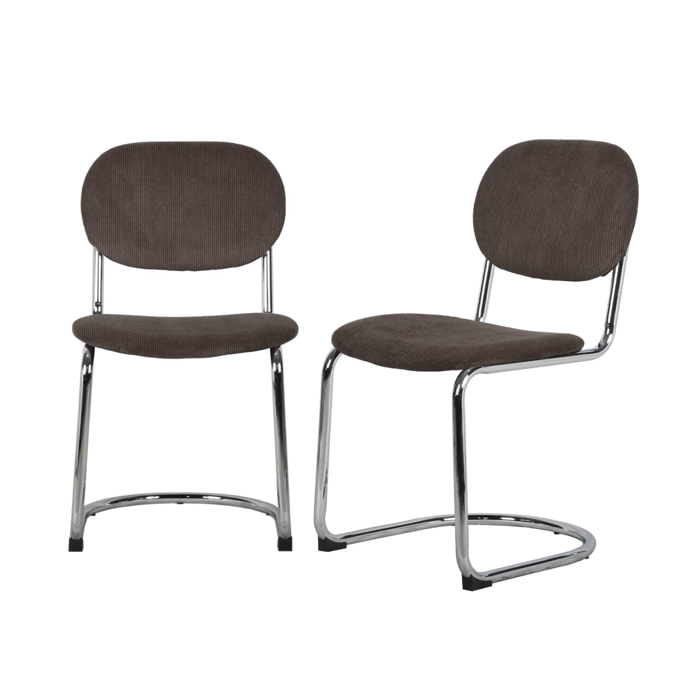 Lot de 2 chaises cantilever arrondie métal. velours côtelé marron et pieds chromés - L 47 x P 54.5 x H 81cm - Maloa