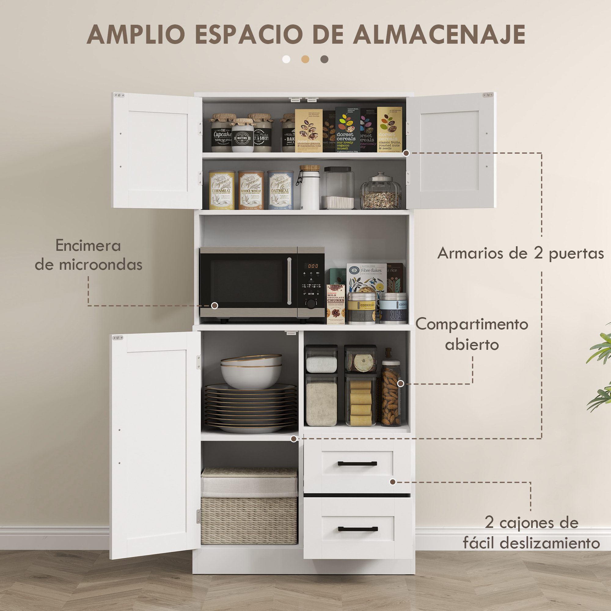 Alacena de Cocina Rústico Armario de Cocina Mueble Auxiliar de Cocina con Puertas Compartimentos Abiertos Cajones y Estantes Ajustables Antivuelco para Comedor Salón 70x40x180 cm Blanco