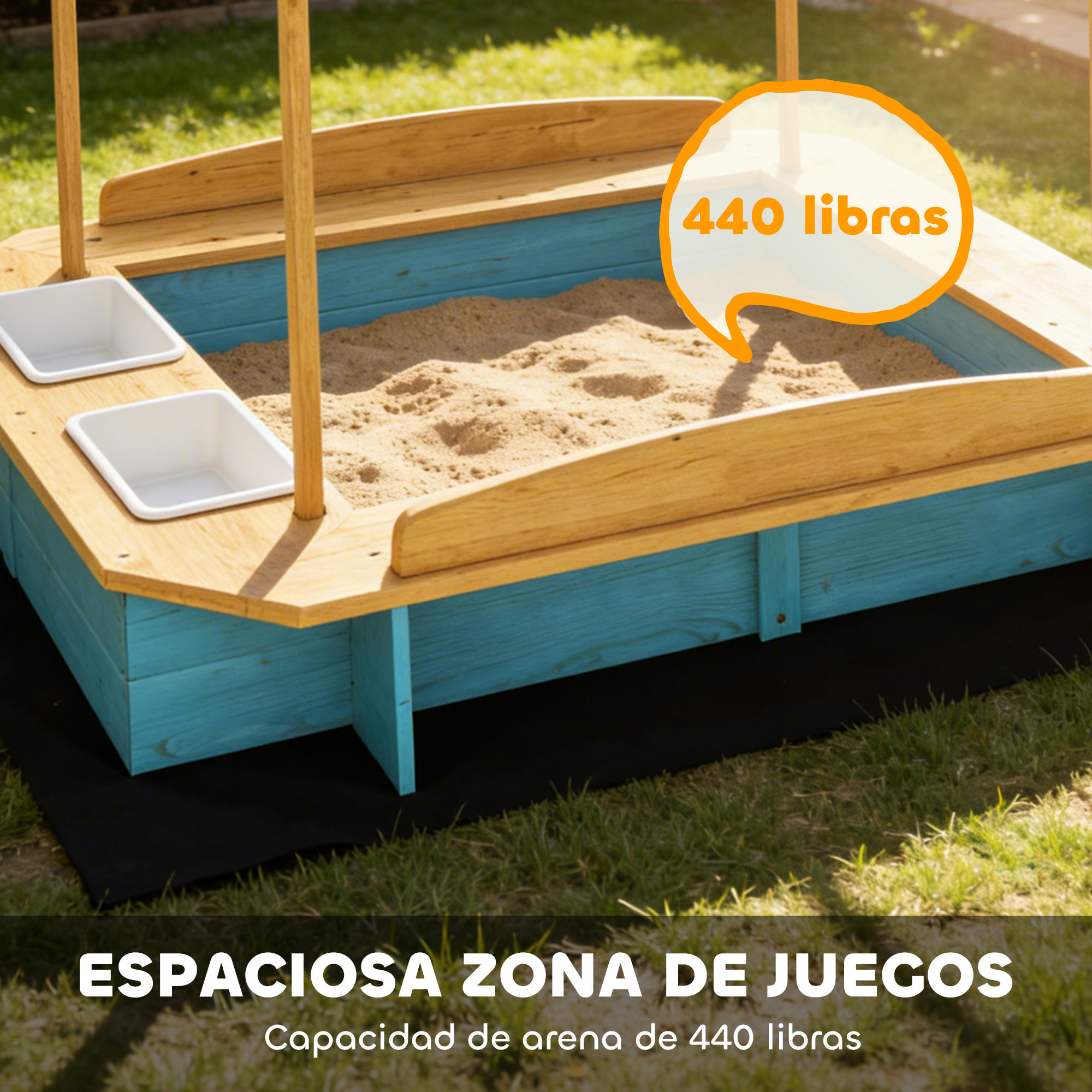 Arenero para Niños de Madera con Techo, Arenero Infantil con 3 Bancos, 2 Cajas de PP, Forro, Caja de Arena para Niños de 3-6 Años, para Patio, Jardín, Balcón, 128x118x121 cm, Azul