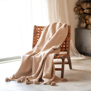 Grand plaid canapé en laine à pompons - Beige