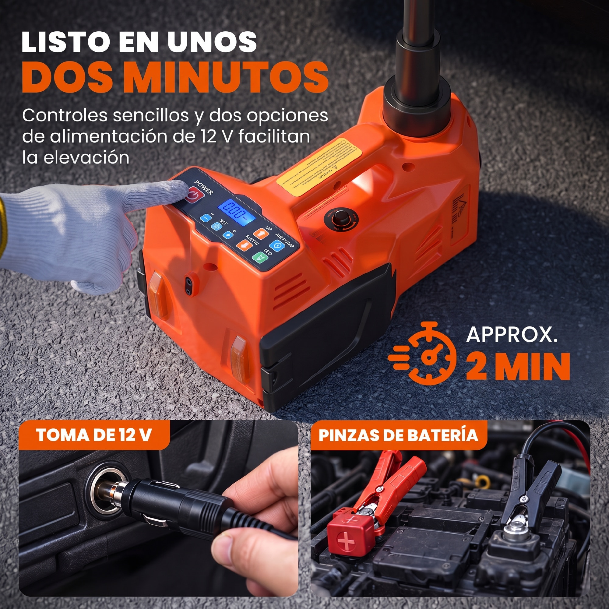 HOMCOM Kit de Gato Hidráulico Eléctrico de 5T 12V, Elevador de Coche Automático 143-450 mm, con Luz LED, Luces Advertencia, Bomba Aire, Llave Hexagonal, Martillo, Maletín Reflectante para SUV y Sedán