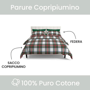 Intrecci - Parure Copripiumino Tartan Scozzese, Set Sacco Piumino e Federe in Puro Cotone, Singolo