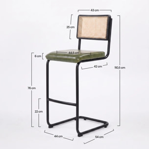 Lot de 2 chaises de bar 76 cm en cannage et cuir vert - Léandre