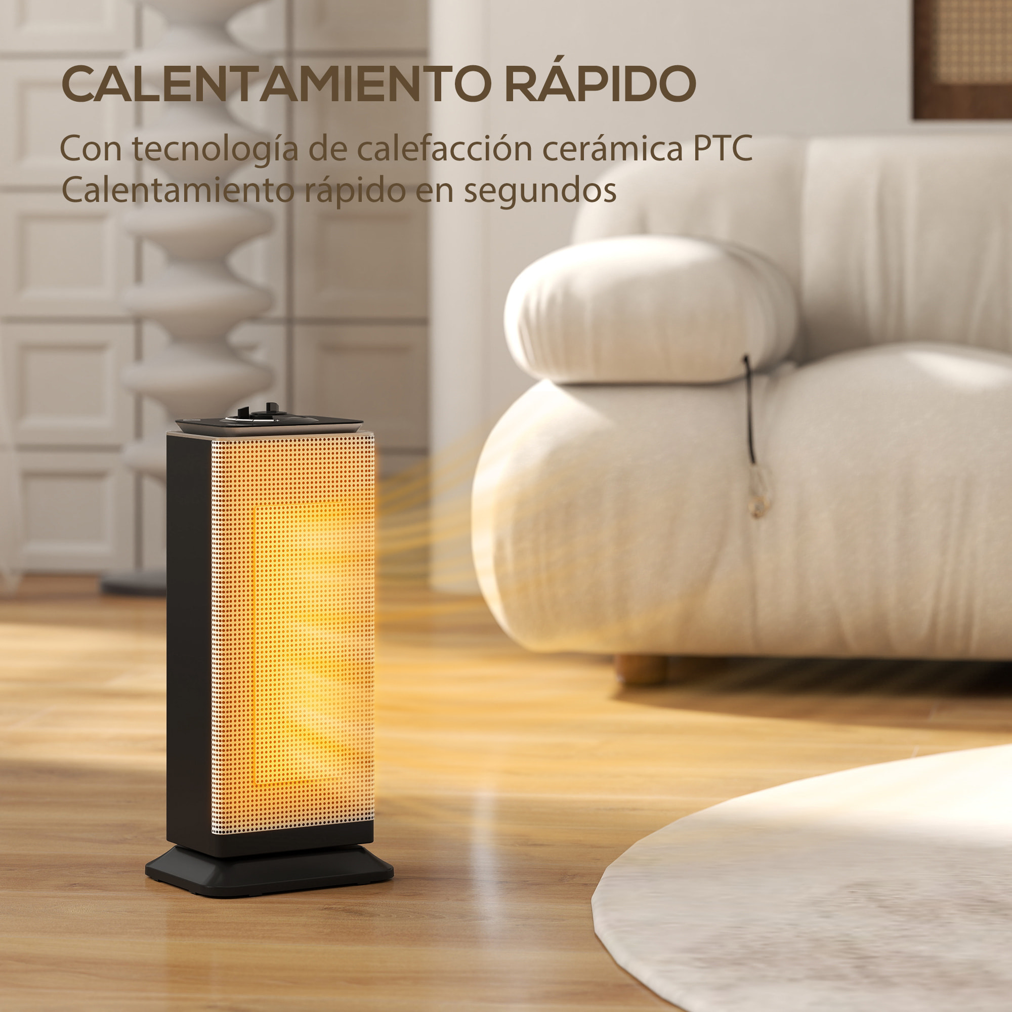 Calefactor Eléctrico Bajo Consumo Cerámico, 2000W PTC, con 3 Modos, Termostato Regulable, Oscilación de 55°, Protección contra Vuelcos y Sobrecalentamiento para 15㎡ en Dormitorio, Negro
