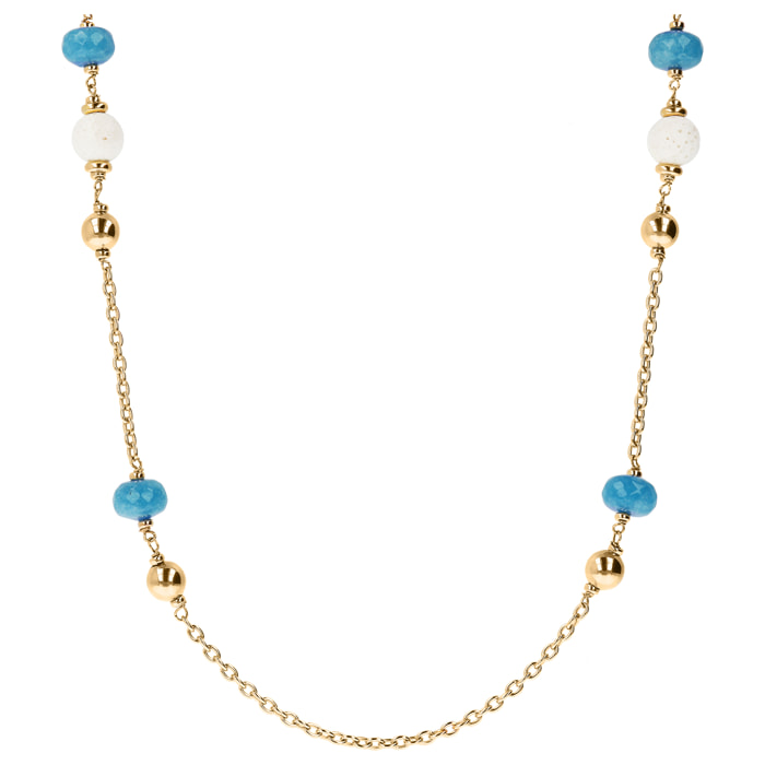 Collana Lunga Golden con Quarzite Blu e Corallo Bianco